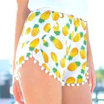 

2020 new Summer Style Pineapple Print Elastic Shorts for Women Ball Tassel Pom Pom Shorts Yellow Bohemian Sexy Shorts 10 styles