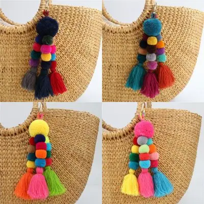 

Boho Pompom Keychain Pom Pom Tassel Key Chain Fluffy Fur Ball Key Ring Plush Bohemian Women Bag Charm Accessories Keyring