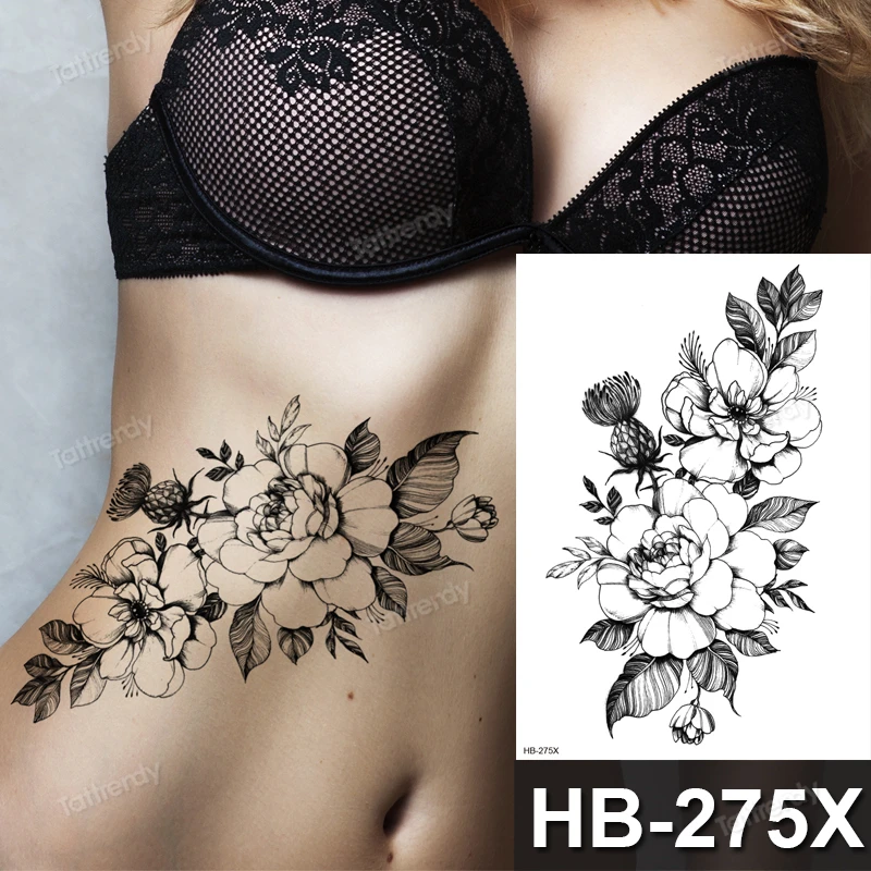 Tattoo Sticker Temporary Tattoos Tattoo Sleeve Tattoo Sticker Flower Big Body Art Waterproof Temporary Thigh Tattoos For Woman Tattoo Fake Water Black Sketch Line Sleeve