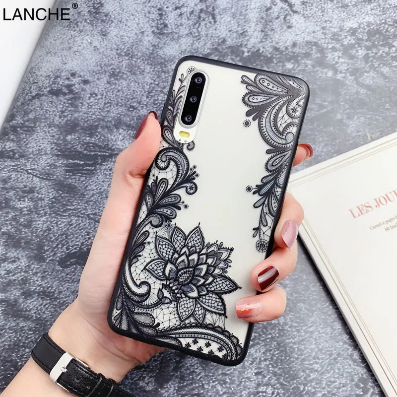 

LANCHE Matte Transparnt PC Phone Case For Xiaomi Redmi Note 7 Mi 9 se Black Lace Flower Phone Cover For Huawei P20 P30 Mate 20 Lite P30 Pro Case On For Honor 10 lite 8X Phone Back Cover Coque Capa