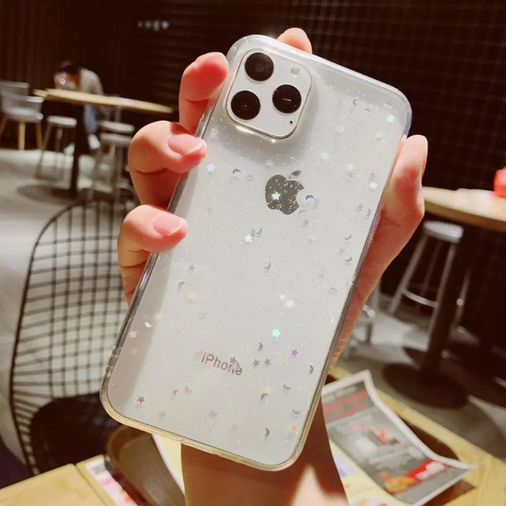 Transparent Для Apple iPhone 6 6s 7 8 Plus 11 Pro 10 X XS XR Max Блестящий Звездный лунный Блестящий мягкий прозрачный силиконовый чехол из ТПУ чехол - Цвет: Transparent