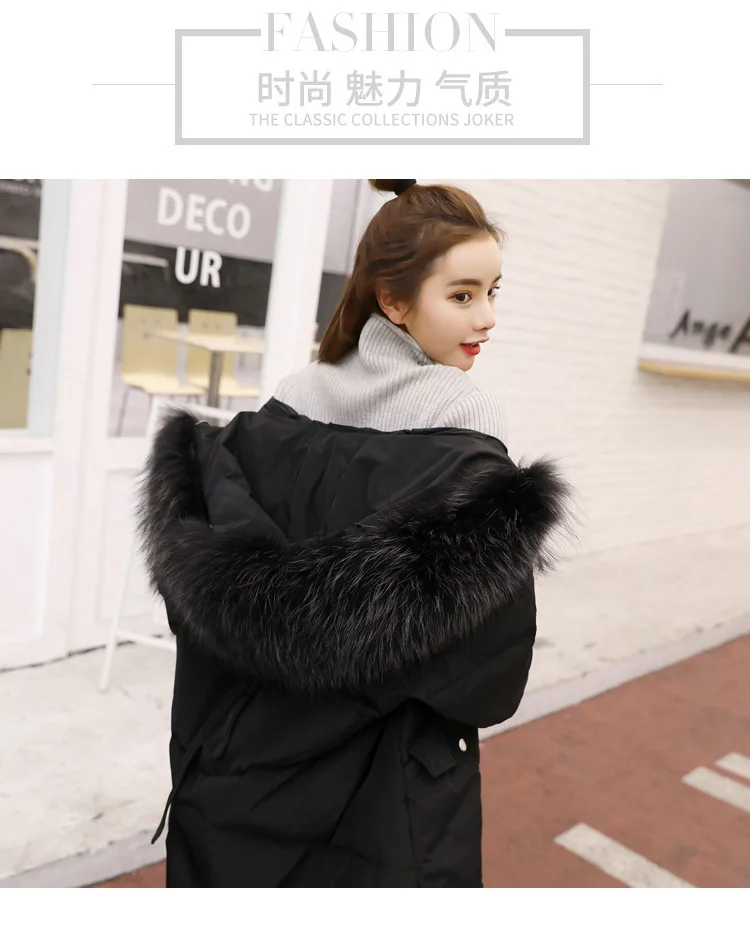 Зимний стиль, модный корейский стиль, Воротник из меха енота, длинный рукав, длинный капюшон, 90 ткань, бутик, пуховик N9091