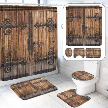 

4PCS Retro Wood Door Printing Shower Curtains Set Mildew-proof Waterproof Toilet Polyester Cover Mat Set Anti-Slip Bathroom Rugs