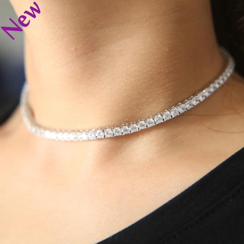 Новый 4 мм Льдом Bling CZ теннис цепи хип хоп ожерелье Necklcae Micro Pave Цирконий 1 ряд колье