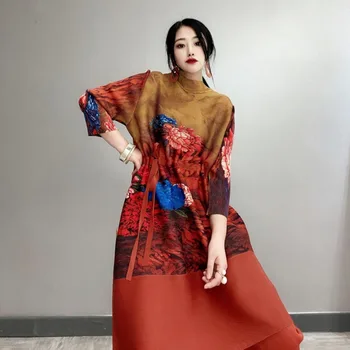 

LANMREM 2020 vintage printting pleated dresses famale spring summer new drawstring loose large size dress high quality YJ301