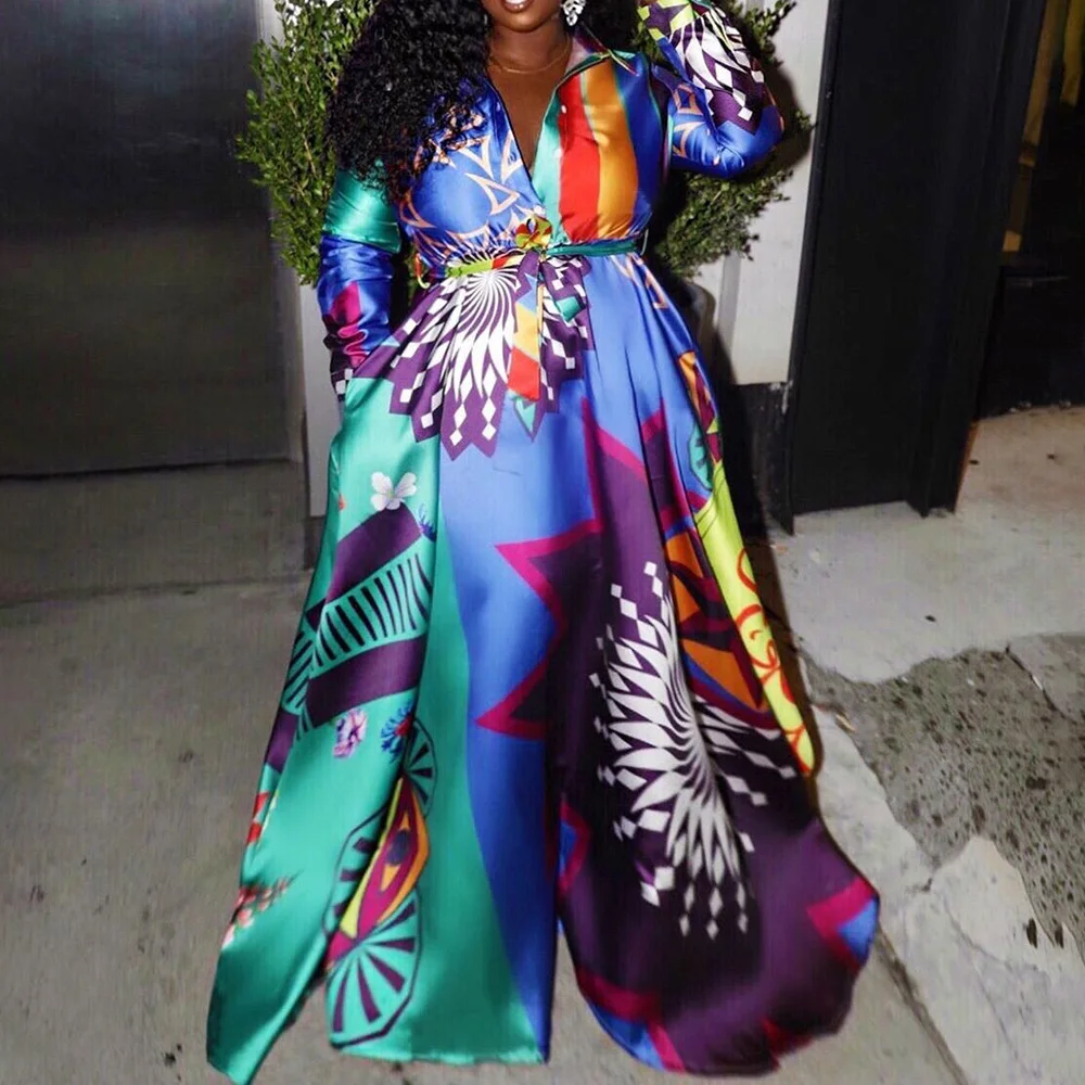 Осеннее женское длинное платье с длинным рукавом длина до пола принтом разрезом