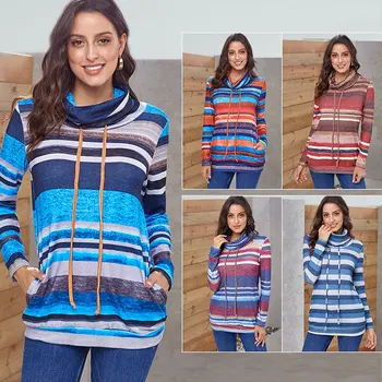 

Autumn and winter Women's clothing In the long Set head fleece multicolor stripe pocket Long sleeve Ladies blouse