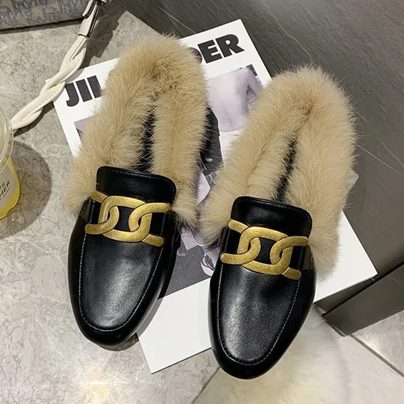 

2020 AutumnWinter Wear Flat Bottom Single Shoes Leather Fluffy Warm Slip-On Round Toe Loafers RabbitFur Comfortable Casual Shoe