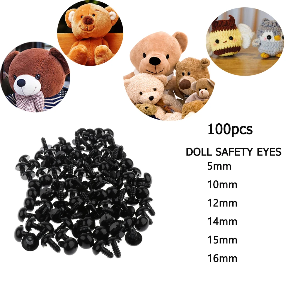 100 Pieces Black Plastic Safety Eyes With Washers Backs For Dolls DIY Making, Stuffed Animals Bear Crafts, 5~40mm