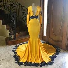 Мусульманское черное аппликация винтажные Вечерние платья Формальные длинные желтые Арабские Дубай Пышное вечернее платье Русалка Саудовская Аравия платье для выпускного вечера