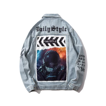 

Harajuku Original Space Character Mens Jeans Jacket Hip Hop Blue Jaqueta Masculino Denim Jacket Chaqueta Hombre Bomber Jacket