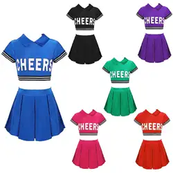 #4-16 Girls Cheerleading Dance Costume Set Short Sleeve Turndown Collar Zipper Crop Top with Elastic Belt Skirt Jazz Dancewear