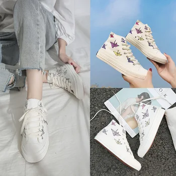 

High Quality Women Color-changing Paper Crane High Top Canvas Shoes Platform Lace up Vulcanized Shoes Female Casual Sneakers