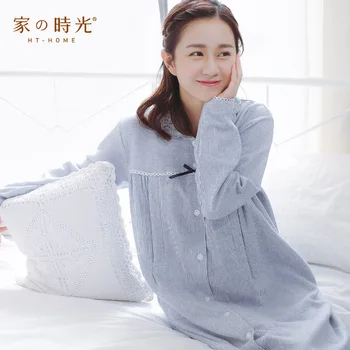 

Nightgown Embroidery Cotton Full Stripes Knee-length