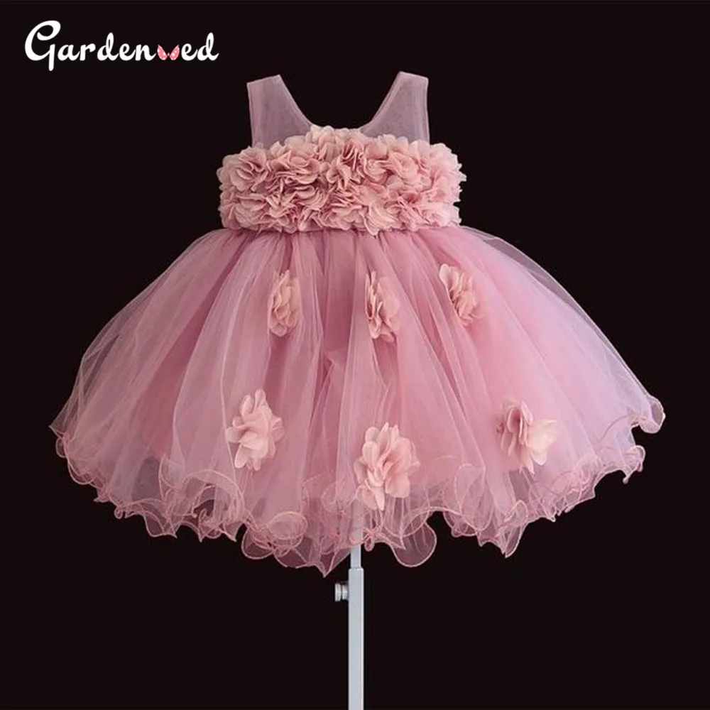 

Puffy Flower Embroidery Ball Gown Dress Kids Flower Scoop Flower Girl Dresses Tulle Sashes Kids Communion Dresses Little Bride