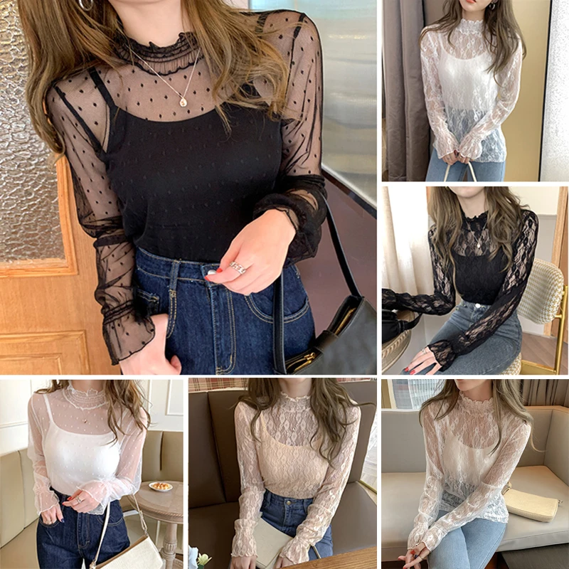 

Lace Base Shirt Bottoming Shirt for Trendy Net Half Turtleneck Tops Long Sleeve Base Top Hollow Out Transparent Undershirt
