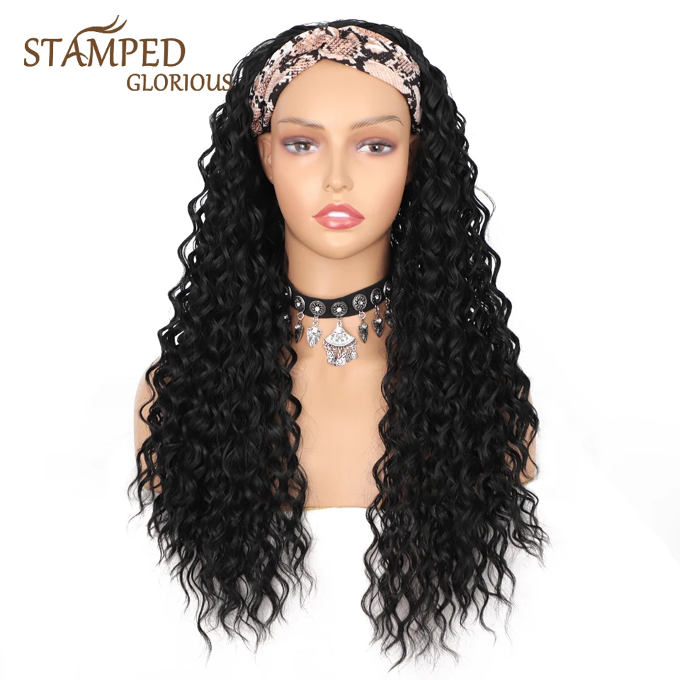 Headband Wigs Heat-Resistant-Fiber Deep-Wave Black Synthetic Women 24inches Glorious