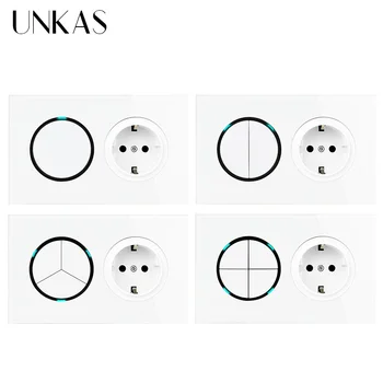 

UNKAS 1 2 3 4 Gang 1 / 2 Way + EU Standard Wall Power Socket On / Off Light Switch LED Indicator White Crystal Glass Panel 16A
