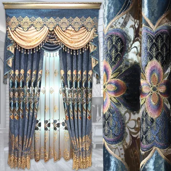 

Royal classic aristocratic Blue embroidered high quality Blackout Curtains for Living Room with luxury Voile Curtain for Bedroom