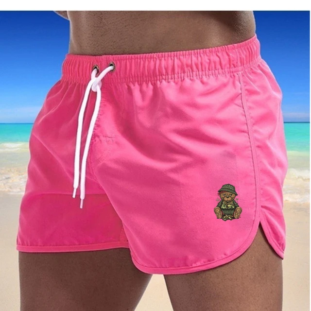 Summer Men's Swimwear Bear Printed Shorts Brand Beachwear Sexy Swim Trunks Men Swimsuit Low Waist Breathable Beach Surfing Rose Red