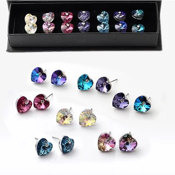 

7 Pairs/Set Heart Crystal From SWAROVSKI Stud Earrings For Women Weekly Earrings Wedding Party Jewelry Romantic Girl Gift