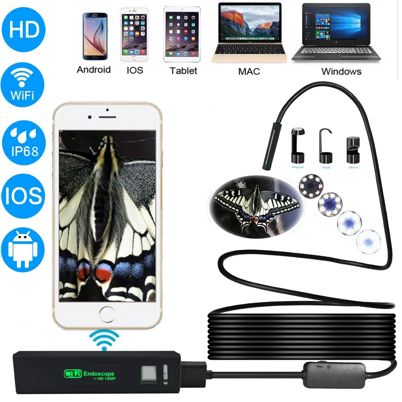 8MM 1200P 10M Semi-Rigied Wifi Endoscope Inspection Borescope Snake Video Flexible Camera For IOS Android Car Detection