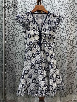 

Hollow Out Lace Embroidery Dress 2020 Summer Style Women V-Neck Color Block Patchwork Ruffle Sexy Party Club Dress Above Knee