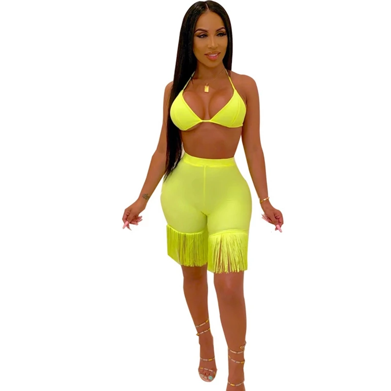 

Neon Sexy Two Piece Set Women Club Outfits Beach Bikini Push Up Crop Top Shorts Set Party Tassel 2 Piece Matching Summer Sets