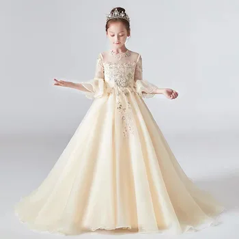 

2019Summer Autumn Luxury New Children Girls Champagne Birthday Wedding Party dress Kids Teens Host Model Catwalk Long Tail Dress