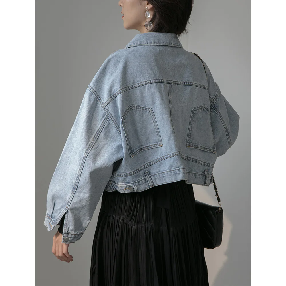 

2019 Korean-style Autumn & Winter New Style Simple Hong Kong Style Retro Loose Bat Long Sleeve Short Jeans Coat Women's N139