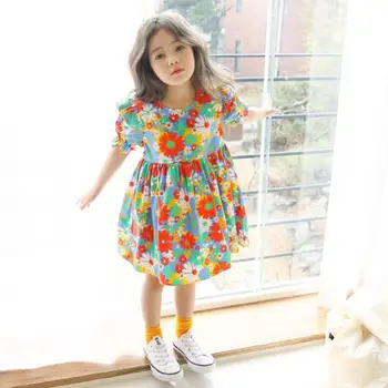 

2020 summer new girls print dress Lace short sleeve sweet cute dress for girls Korean fashion cotton dress L258
