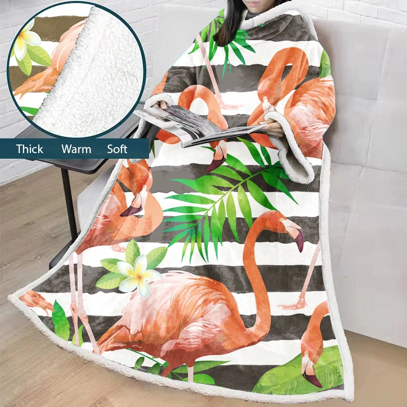 

Flamingo Printing Sleeves Blanket Winter Thicken Warm Sofa Bed Cover Blanket Outdoor Travel Cold-proof Cloak Blanket