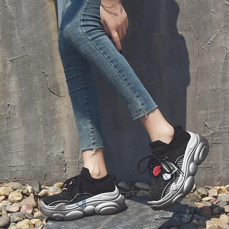

Knitted Platform Sneakers Women Casual Shoes Fashion Mesh Breathable Thick Soled Sneakers Chunky Trainers Women 2019
