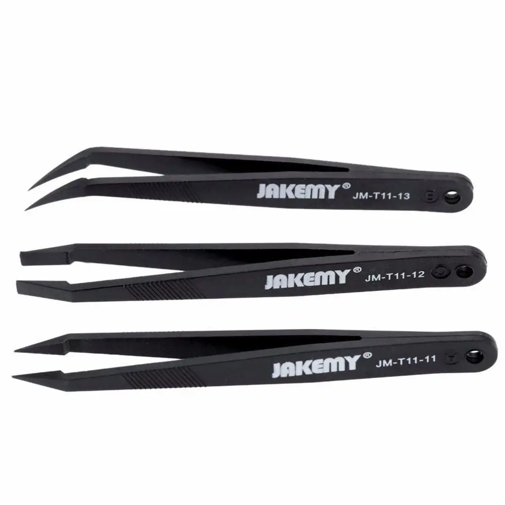 

JAKEMY 3in1 Anti-static Tweezers Kit Heat Resistant Flat Pointed Curved Tweezers Set for iPhone Samsung Laptop PCB Repair(Black)