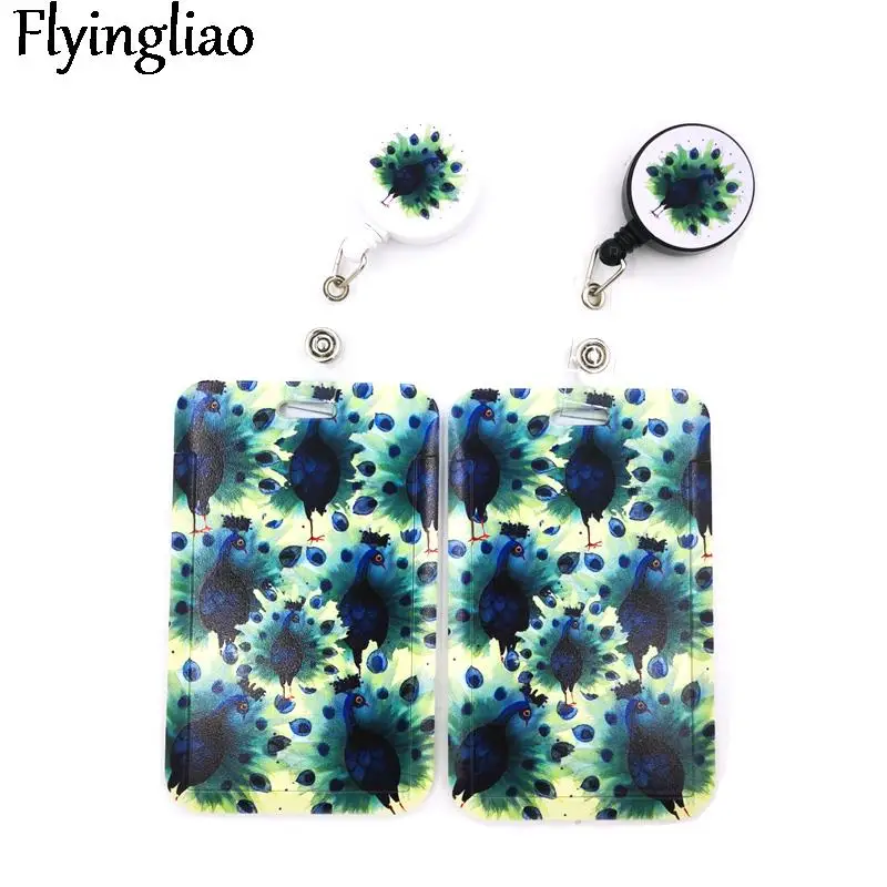 Beautiful Elegant Peafowl Feather Cute Credit Card Cover Lanyard Bags Retractable Badge Reel Student Nurse Exhibition Enfermera colorful smoke cute credit card cover lanyard bags retractable badge reel student nurse exhibition enfermera name clips card