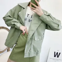 2022new New Autumn Women Loose BF Style Green Faux Leather Jacket Streetwear Batwing Sleeve Moto Biker Coat Outwear