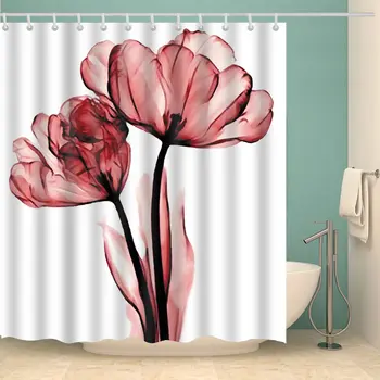 

Flower Shower Curtain,White and Red Floral Modern Romantic Flower Nature Art Print Bath Curtain,Polyester Waterproof Fabric