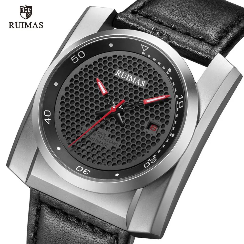 RUIMAS Мужские механические часы с кожаным ремешком и квадратным циферблатом, Мужские автоматические часы, Роскошные наручные часы от ведущего бренда Relogios Masculino 6775