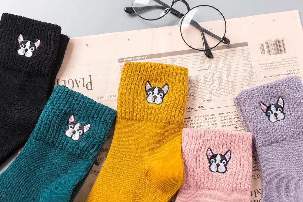 Socks for women cotton embroidery French bulldog sock ladies cartoon winter thick socks female casual kawaii sox dropshipping