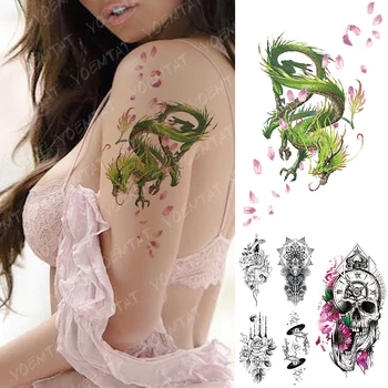 

Waterproof Temporary Tattoo Sticker Green Cyan Cherry Dragon Flash Tattoos Skull Clock Body Art Arm Fake Tatoo Women Men