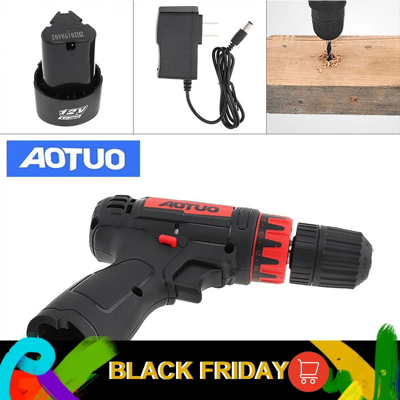 AOTUO AC 100-240 V Беспроводная 12V Бытовая литиевая электрическая дрель с переключателем вращения и крутящим моментом для обработки винтов/штамповки