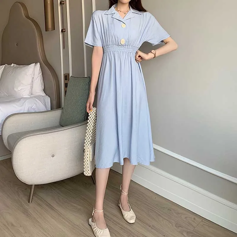 Vintage Summer Office Dresses For Female One-Piece Elegant Lapel Waist Dress Women Fashion Korean Plus Size Dress Vestidos 2020