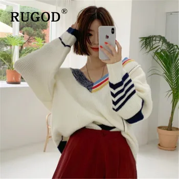 

RUGOD Korean New Style Rainbow Stripe Medium Long Sweater V-neck Knitted Pullover Plus Size Women Fashion 2019 Kpop Clothes