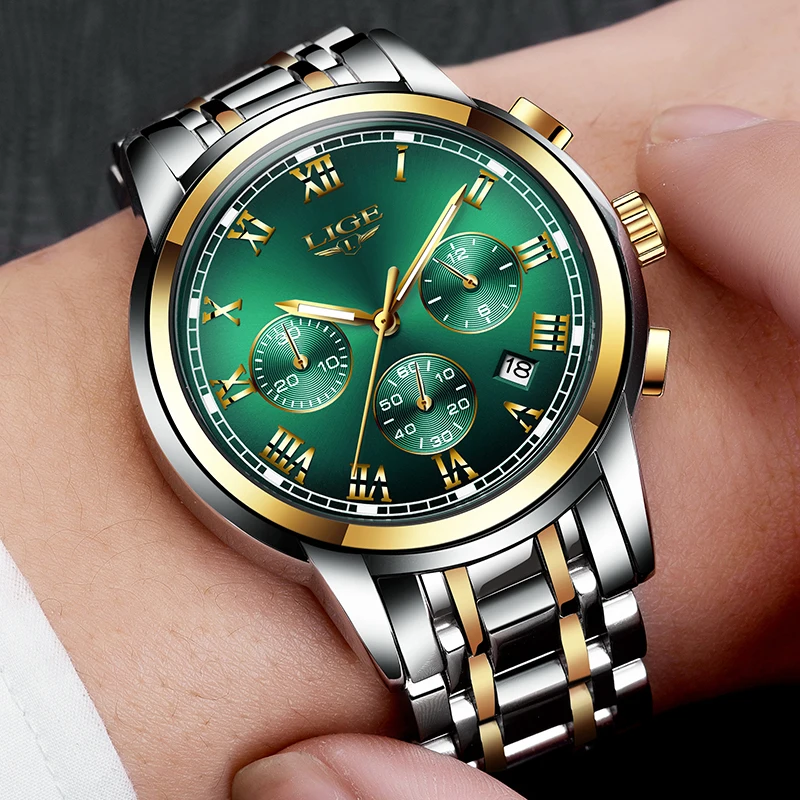 Модные новые мужские s часы LIGE классический дизайн зеленый Циферблат Бизнес часы мужские водонепроницаемые полностью Стальные кварцевые часы Relogio Masculino