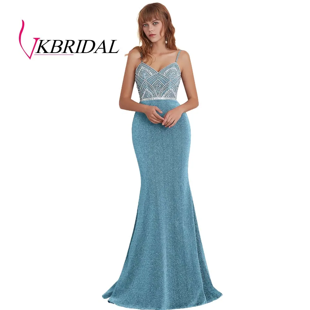 VKBRIDAL выпускные платья новые сексуальные блестящие ткани с бисером и кристаллами королевский синий формальные вечерние платья - Цвет: sky blue