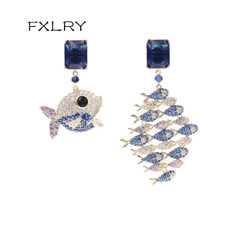 

FXLRY New Design Stylish cute high-end asymmetric big fish eat small fish earrings deep sea blue zircon earrings for Women Weddi