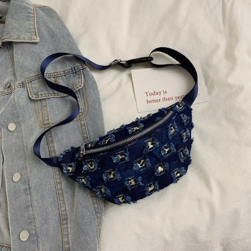 

2019 Leisure Women`s Denim Belt Bag Harajuku Style Waist Bag Hole Solid Color Fanny Pack Male Fashion Hip Bum Bag For Travel