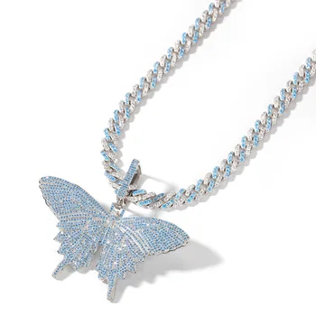 

Hip Hop Iced Out Necklace Big Butterfly Pendant Rhinestone Zircon Charm Blue Tennis Chain & Cuban Chain For Women Gift jewelry