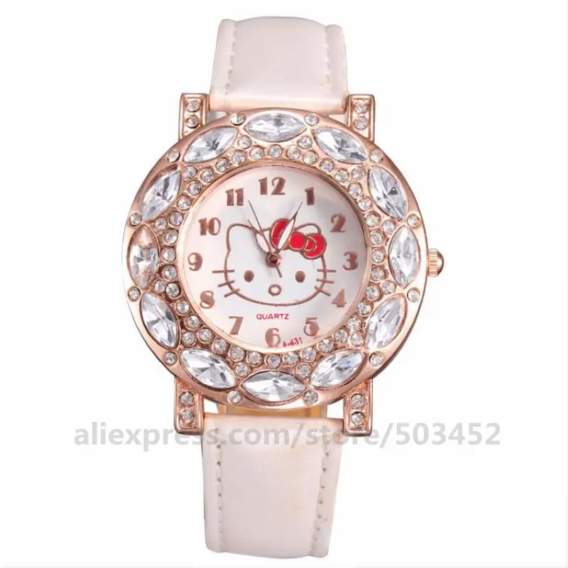 100pcs/lot Crystal Cute Cat Leather Watch Fashion Candy Color Wristwatch Nice Girl Gift Watch Rhinestone Bracelet Watch