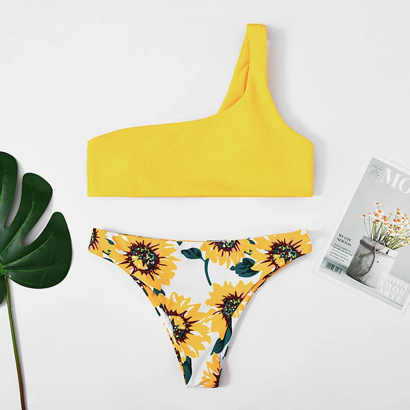 

New Women Sexy Printing Swimsuit One Shoulder Female Bikini Set Summer Beach Bathing Suit Push Up Swimwear Biquinis